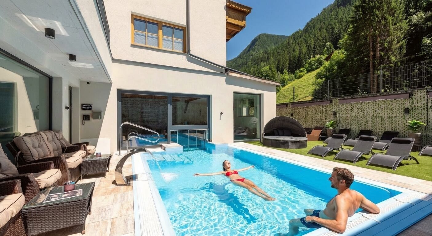 Entspannung im Außenpool des Hotel Alpenkönigin im Paznaun